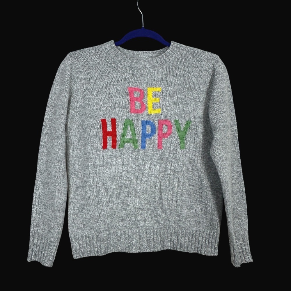 St Johns Bay Womens Petite Small Gray ~ BE HAPPY ~ Graphic Crew Neck Sweater PS